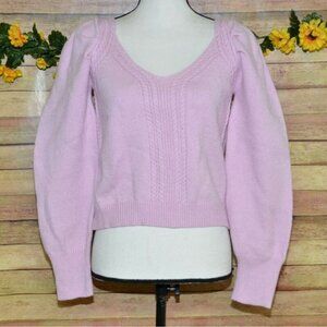 & Merci Ladies Pink Cropped Sweater L V-Neck Puff Sleeve Casual Cottage Core
